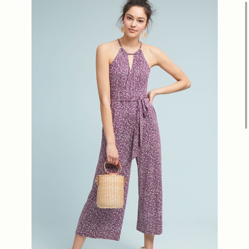 Maeve Mauve Floral Halter Tie-Waist Jumpsuit
